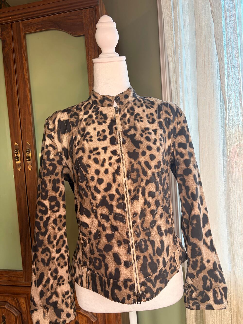 Marc Cain Leopard Print Moto Jacket Size N3 Brown Black Animal Print Y2K Stateme